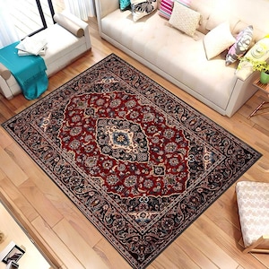 Persian Style Rug, Vintage Oriental Rug, Traditional Red Floral Carpet, Classic Turkish Design Rug, Digital Printed Rug
