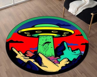 Ufo Round Rug-Aliens Raund Rug-Ufo-Aliens-Ovni-Area 51-Gift For Her-Home Decor-Round Rug-Popular Rug-Gift for Him-Living Room-Ufo Decor-Gift