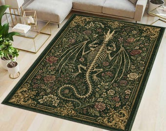Dragon Skeleton Rug,Vintage Gothic Botanical Carpet,Dark Academia Home Decor, Aesthetic Witchy Floor Mat,Medieval Fantasy Decor,printed rug