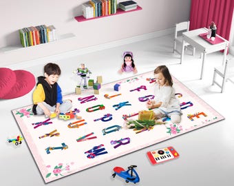 educational rug, Alphabet Rug, Pink alphabet rug, Kids Room Rug, Girl Room Decor, Washable Rug, Pink Kids Rug, Non-Slip kids Rug,Nursery rug