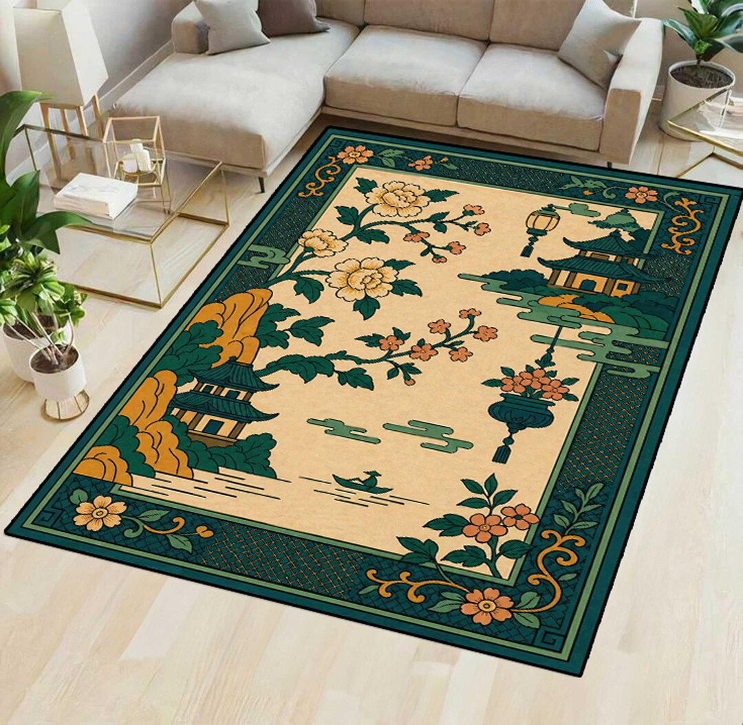 Chinese Art Deco Rug Peony Pagoda Lake View, Teal Lattice Border ...