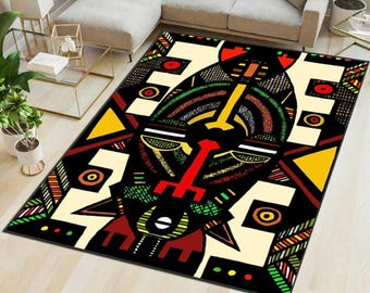 African Mask Pattern Rug - African Rug - Safari Ethnic Floor art- Savannah Area Rug - Machine Washable Rug-Non-Slip Rug-Gift Rug-Ethnic Rug