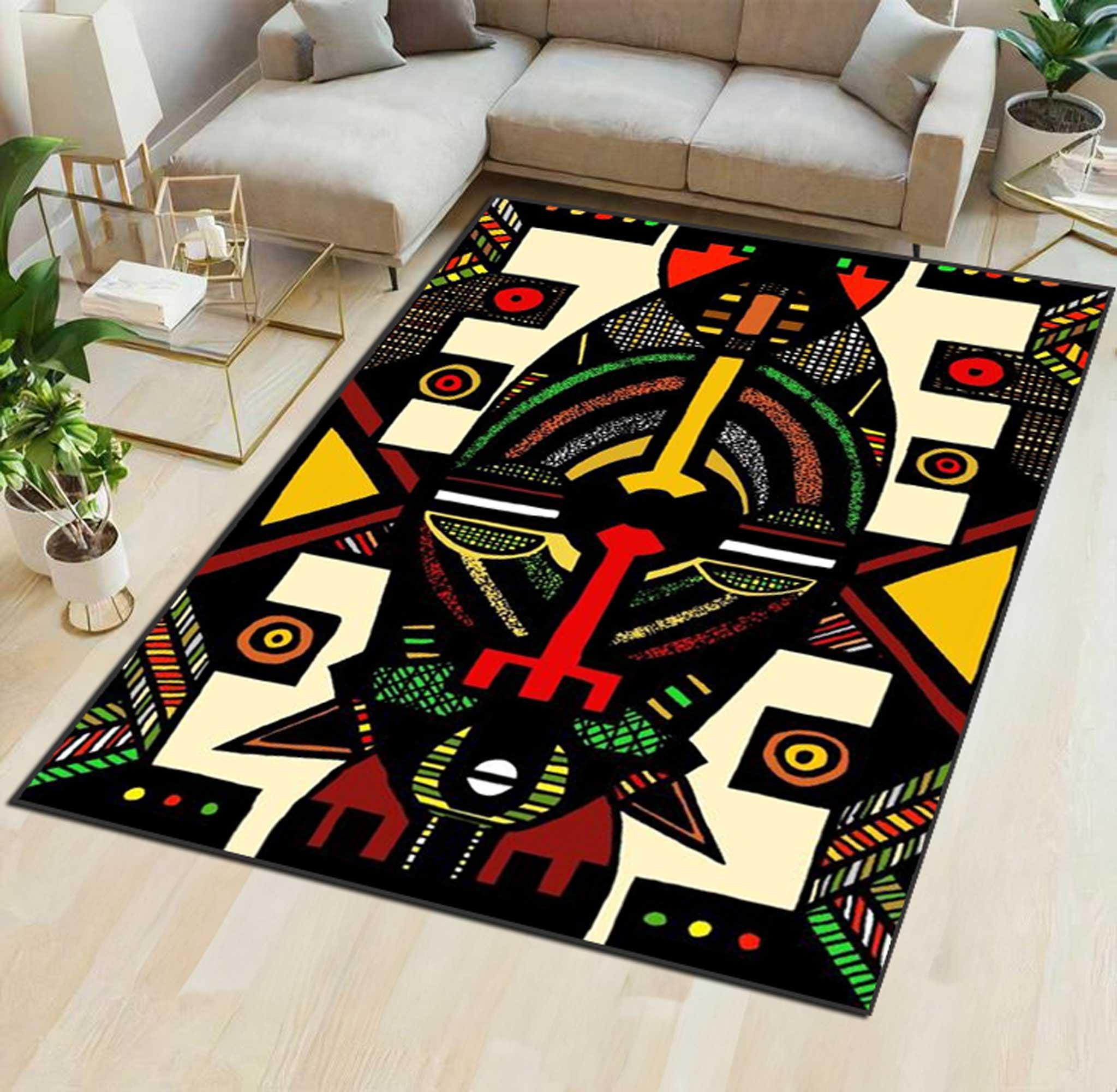 African Mask Pattern Rug - African Rug - Safari Ethnic Floor art- Savannah Area Rug - Machine Washable Rug-Non-Slip Rug-Gift Rug-Ethnic Rug