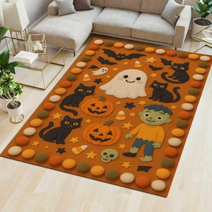 May include: A rectangular Halloween-themed rug with a brown background and a border of colorful circles. The rug features black cats, jack-o'-lanterns, ghosts, bats, stars, candy corn, a skull, and a cartoon zombie.
