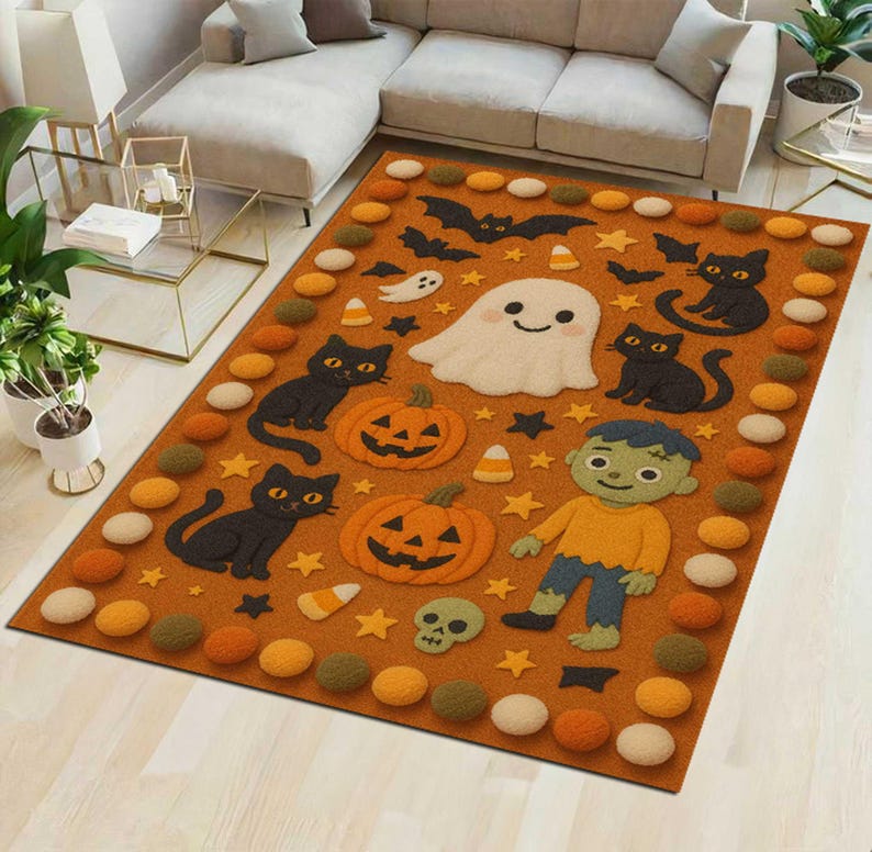 May include: A rectangular Halloween-themed rug with a brown background and a border of colorful circles. The rug features black cats, jack-o'-lanterns, ghosts, bats, stars, candy corn, a skull, and a cartoon zombie.