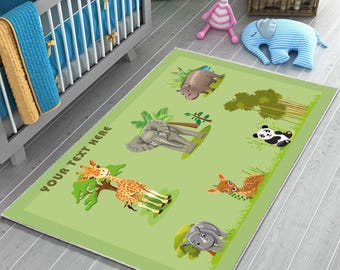Cute wild animals Pattern Kids Rug - Animals Rug - Kids Room Rug - Kids Room Decor - Washable Rug - Green Kids Rug - Non-Slip Rug - Nursery