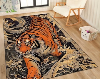 Tiger Pattern Area Rug: Machine Washable, Non-Slip, 8mm Thick
