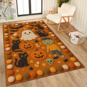 May include: A rectangular Halloween-themed rug with a brown background and various festive designs. The rug features black cats, pumpkins, ghosts, bats, stars, and a zombie. The border is decorated with colorful, round accents.