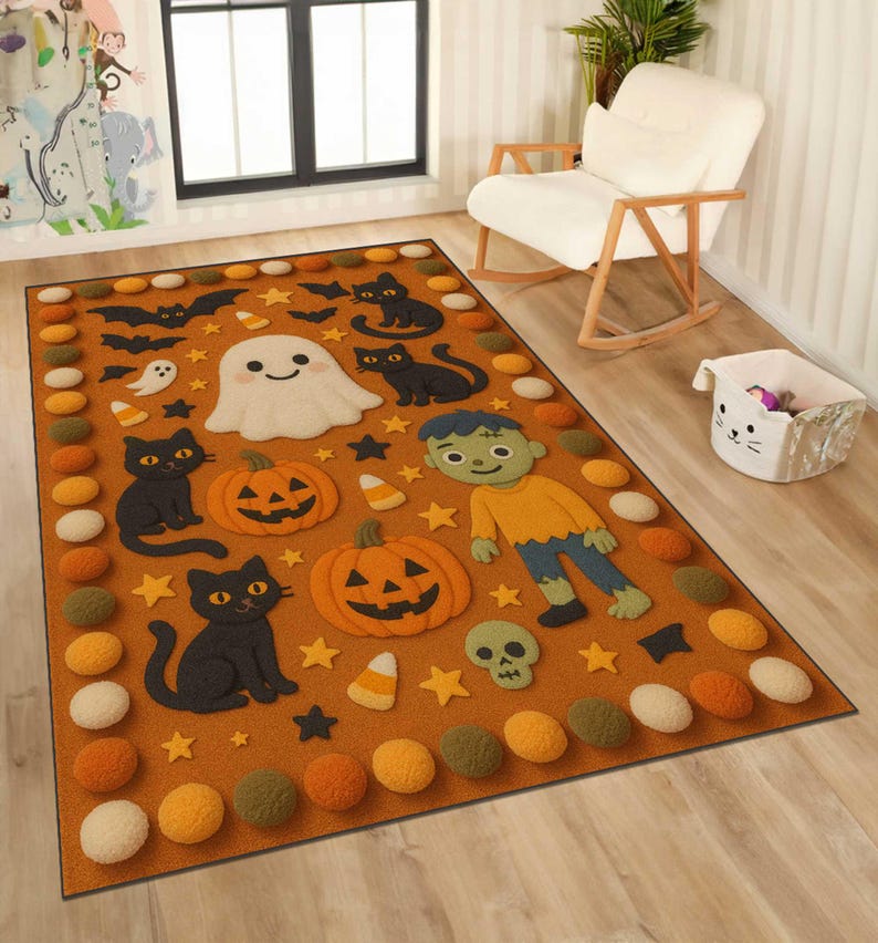 May include: A rectangular Halloween-themed rug with a brown background and various festive designs. The rug features black cats, pumpkins, ghosts, bats, stars, and a zombie. The border is decorated with colorful, round accents.
