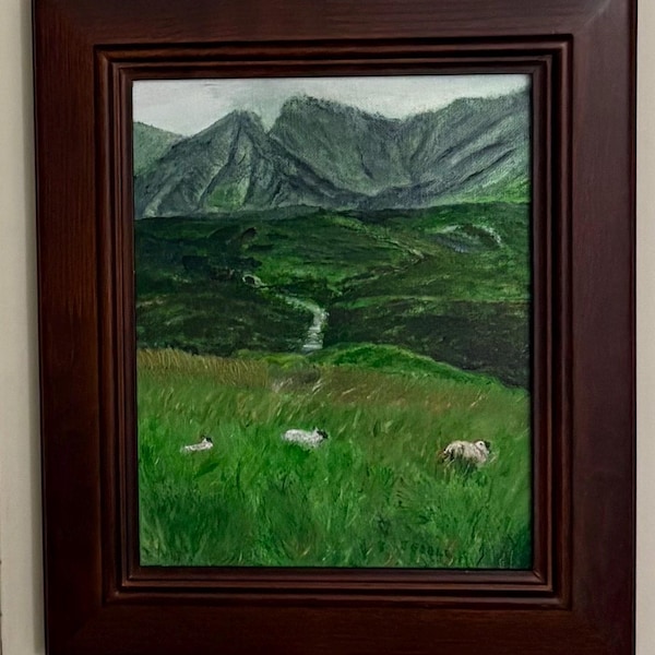 Hand painted original oil painting: Irish Mountain Pasture with grazing sheep