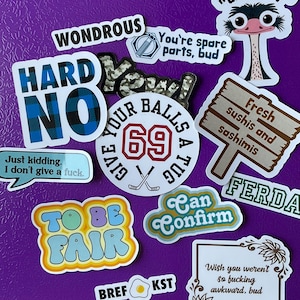 Może przedstawiać: Zbiór kolorowych naklejek z różnymi frazami i grafikami na fioletowym tle. Naklejki zawierają teksty takie jak "HARD NO", "69", "Fresh sushis and sashimis" oraz strusia z napisem "allegedly".
