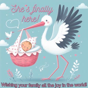 Tarjeta imprimible para bebé niña – Saludo pastel para recién nacida – Pies suaves de acuarela – Es una niña – Descarga instantánea