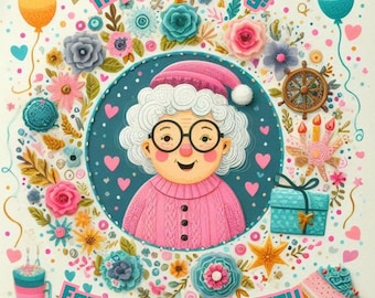 May include: A colorful birthday card with the text "Happy Birthday!" and "For my lovely Granny." The card features an illustration of a smiling elderly woman wearing glasses and a pink sweater, surrounded by flowers, balloons, and a gift box.