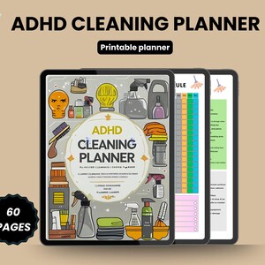 May include: A digital ADHD cleaning planner with a colorful illustrated cover, featuring cleaning supplies and the text "ADHD Cleaning Planner." The planner includes 60 pages and is designed for printable use.
