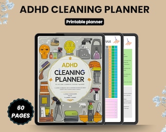 May include: A digital ADHD cleaning planner with a colorful illustrated cover, featuring cleaning supplies and the text "ADHD Cleaning Planner." The planner includes 60 pages and is designed for printable use.