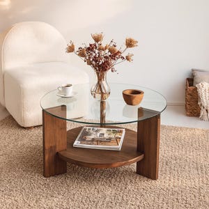 Round Glass Coffee Table Solid Wood Shelf – Modern Scandinavian Coffee Table – Tempered Glass Living Room Table Minimalist Wood Center Table