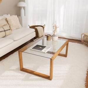 Handmade Solid Wood & Tempered Glass Coffee Table – Modern Rectangular Center Table – Scandinavian Style Side Table