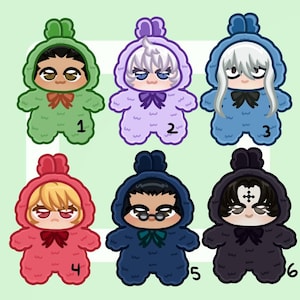May include: Six cartoon-style plush figures in various colors: green, purple, blue, red, dark blue, and black. Each figure has a hood, bow tie, and unique facial features. The figures are numbered 1 through 6.