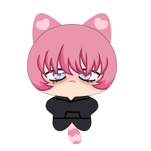 May include: A cartoon illustration of a character with pink hair, cat ears with pink hearts, and blue eyes. The character wears a black hoodie and has a pink and white tail. The background is white.