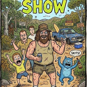Peut inclure: Affiche de dessin animé pour "The Big Lez Show" avec un personnage central tenant une bière et une cigarette, entouré d'autres personnages et d'un camion bleu. Le texte comprend "What are you talkin' about ?" et "Skits!"