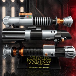 May include: Three detailed lightsaber replicas, silver, black, and bronze, are displayed on a black stand with the Star Wars logo. The lightsabers have intricate designs and are set against a dark, textured background.