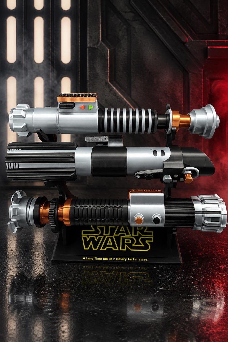 May include: Three detailed lightsaber replicas, silver, black, and bronze, are displayed on a black stand with the Star Wars logo. The lightsabers have intricate designs and are set against a dark, textured background.