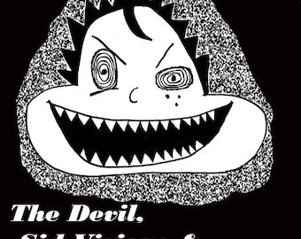 May include: Black and white illustration of a cartoon character with a wide, toothy grin. The character has a large head with a single eye and a swirl pattern. The text "45 Kid" is above the character. The text "The Devil, Sid Vicious & Mall Pretzels" is below the character. The text "£1.00 Mature" is in the bottom right corner.