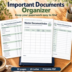 May include: A set of three printable document organizer sheets featuring an Important Documents Checklist, a Master Document Index, and an Expiration and Renewal Calendar. The pages have green headers and black text on white paper.