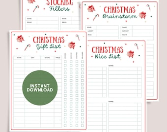 May include: Four printable Christmas-themed planner pages. The pages include a gift list, brainstorm, nice list, and stocking filler pages. Each page has a red border, festive graphics, and space to write. The gift list page has a green "Instant Download" circle.