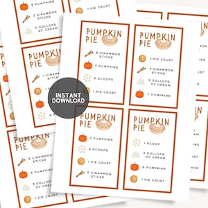 Puede incluir: Tarjetas de recetas imprimibles para pastel de calabaza. Cada tarjeta presenta una ilustraci&oacute;n de acuarela de un pastel e ingredientes como calabazas, palitos de canela y crema. Las tarjetas tienen las palabras "Pumpkin Pie" en la parte superior.