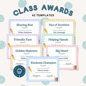 May include: A selection of printable class award templates. The certificates have a gingham border and include titles such as "Sharing Star" and "Kindness Champion." Each certificate features a pencil graphic and space for student names and dates. The text "CLASS AWARDS" is at the top.