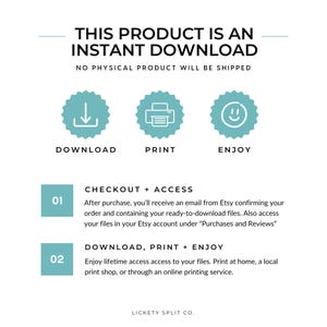 Puede incluir: Gr&aacute;fico informativo en blanco y turquesa que anuncia una descarga instant&aacute;nea. El texto dice "THIS PRODUCT IS AN INSTANT DOWNLOAD". Incluye iconos para descargar, imprimir y disfrutar, as&iacute; como pasos numerados para acceder al producto.