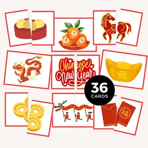 May include: A set of 36 Chinese New Year cards with illustrations of oranges, a golden ingot, a dragon, and a horse. The cards have a red border and feature the text "Chinese New Year".