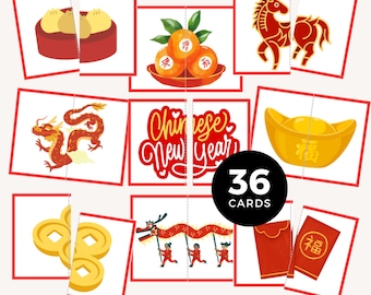 Puede incluir: Un juego de 36 tarjetas del Año Nuevo Chino con ilustraciones de naranjas, un lingote de oro, un dragón y un caballo. Las tarjetas tienen un borde rojo y presentan el texto "Chinese New Year".
