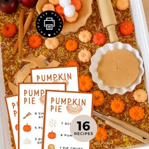 May include: A sensory bin with fall-themed items. Includes miniature orange pumpkins, cinnamon sticks, a rolling pin, and recipe cards that read "Pumpkin Pie". The bin also contains a pie crust and a white paper plate.