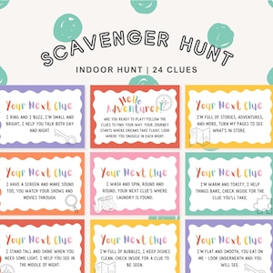 以下が含まれることがあります： 「Scavenger Hunt Indoor Hunt | 24 Clues」のテキストが入った、カラフルな宝探しゲーム。各ヒントカードはユニークな色と謎解きがあります。ゲームには、鍵、本、洗濯機などに関するヒントが含まれています。