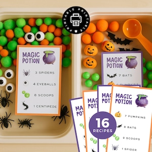 May include: A Halloween-themed sensory bin with orange and green balls, plastic spiders, and pumpkin-shaped decorations. Includes recipe cards with the words "Magic Potion" and "16 Recipes". A printable icon is in the top left corner.