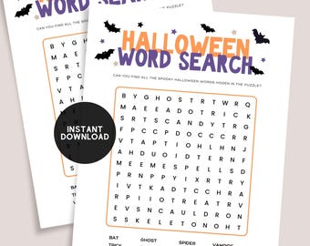 May include: Two Halloween-themed word search puzzles. The top of each page reads "Halloween Word Search" in orange and purple. The puzzles include words like "bat", "trick", and "spider". A black circle with "Instant Download" is on the left.
