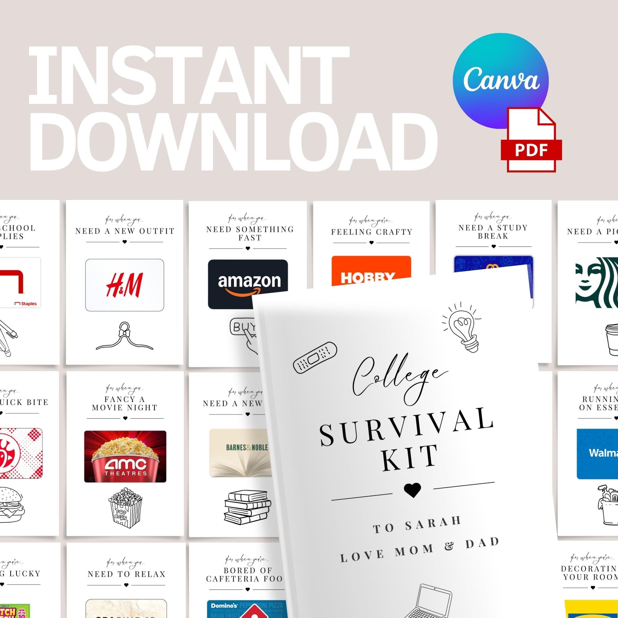 Printable College Survival Kit Printable College Care Package Printable Gift Card Holder, For When You Gift, Graduate Gift Card Book, Canva