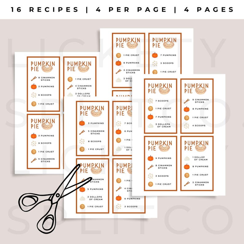 Puede incluir: Tarjetas de recetas de pastel de calabaza con borde marr&oacute;n. Cada tarjeta presenta un gr&aacute;fico de pastel y una lista de ingredientes, incluyendo calabazas, palitos de canela y cucharas. El texto en la parte superior dice "16 RECETAS | 4 POR P&Aacute;GINA | 4 P&Aacute;GINAS".
