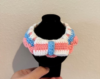 Pastel Crochet Pet Collar: Pink Blue White Bow, Handmade Yarn Cat Collar