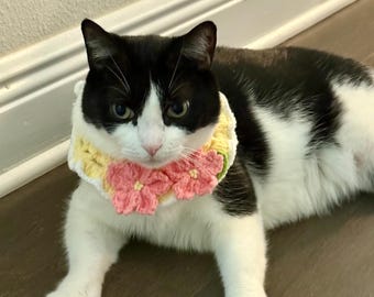 Crochet Pet Collar: Yellow & Pink Flower, Handmade Cat/Small Dog Accessory