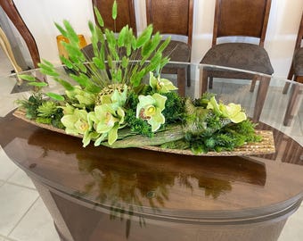 Green Orchids Centerpiece Large Bowl with Flowers Marple Ball Luxury Decor Natural Wood Rustic Design Table Decor