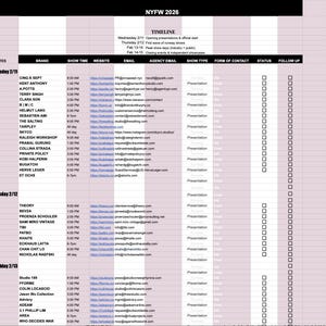 May include: A detailed schedule titled "NYFW 2026 TIMELINE" lists fashion show dates, times, brands, websites, and contact information. The schedule is organized by date, including Wednesday 2/11, Thursday 2/12, and Friday 2/13, with show times ranging from 8:00 AM to all day.