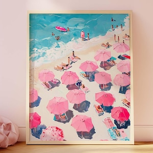 Pink Beach Umbrella Aerial Print: Coastal Summer Wall Art (Digital Download)