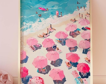 Pink Beach Umbrella Aerial Print: Coastal Summer Wall Art (Digital Download)