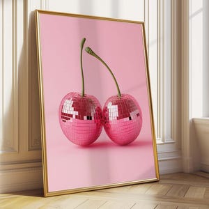 Pink Disco Cherry Print Funky Fruit Wall Art Digital Download for Playful Room Decor or Pop Art Kitchen Style