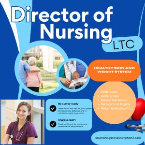May include: A promotional graphic for a Director of Nursing service. The image features the text "Director of Nursing LTC" in white and blue. It includes images of healthcare professionals and patients, along with bullet points about the services offered. The graphic also includes the text "Healthy Skin and Weight System."