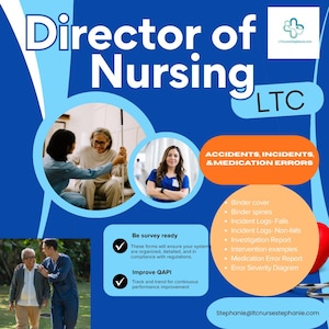 May include: A blue and white graphic promoting "Director of Nursing" services. The image includes text, photos of healthcare professionals and patients, and a list of services related to accident, incident, and medication error management.