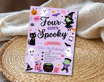 May include: A rectangular invitation card with a light purple background featuring Halloween-themed illustrations including a witch, skeleton, black cat, ghosts, and a cauldron. The text reads Four ever Spooky, Chloe's 4th Birthday, and event details.